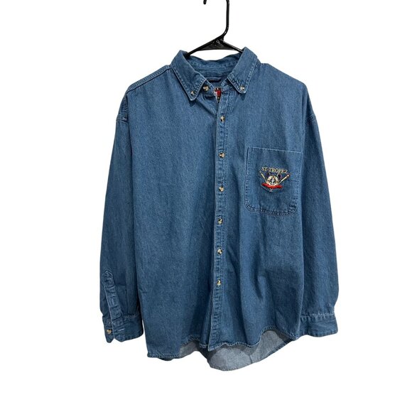 Vintage France Souvenirs St. Tropez Denim Shirt Blue Sz Medium Cotton Retro - Picture 1 of 8
